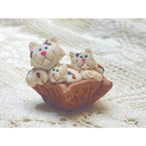 Miniature Clay Cat Family In Basket Handcrafted Dollhouse